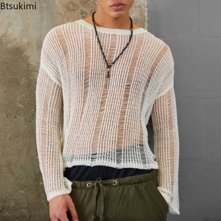 Mens Spring Autumn Sweater Woven Solid Color Mesh Sweater Knit Loose T-Shirt Long Sleeve Sexy T-shirt Fashionable Versatile Top W250806
