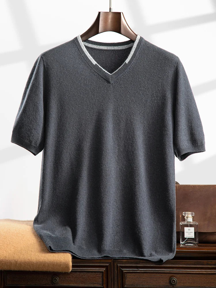 High Quality 100% Goat Cashmere Men Short Sleeve Pullover V-Neck Sweaters Spring Summer Fashion Large Size Knitwear Men T-shirt 250804