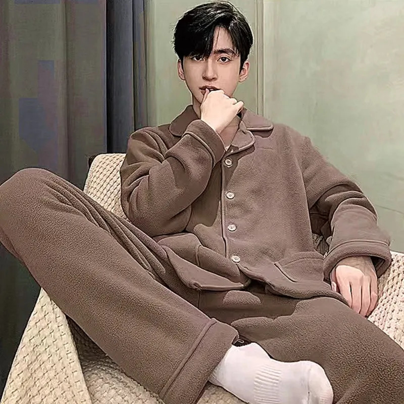 Men Pajamas Autumn Winter Long Sleeve Double-sided Polar Fleece Sleepwear Warm Plus Size Padded Coral Fleece Homewear Suit 250804