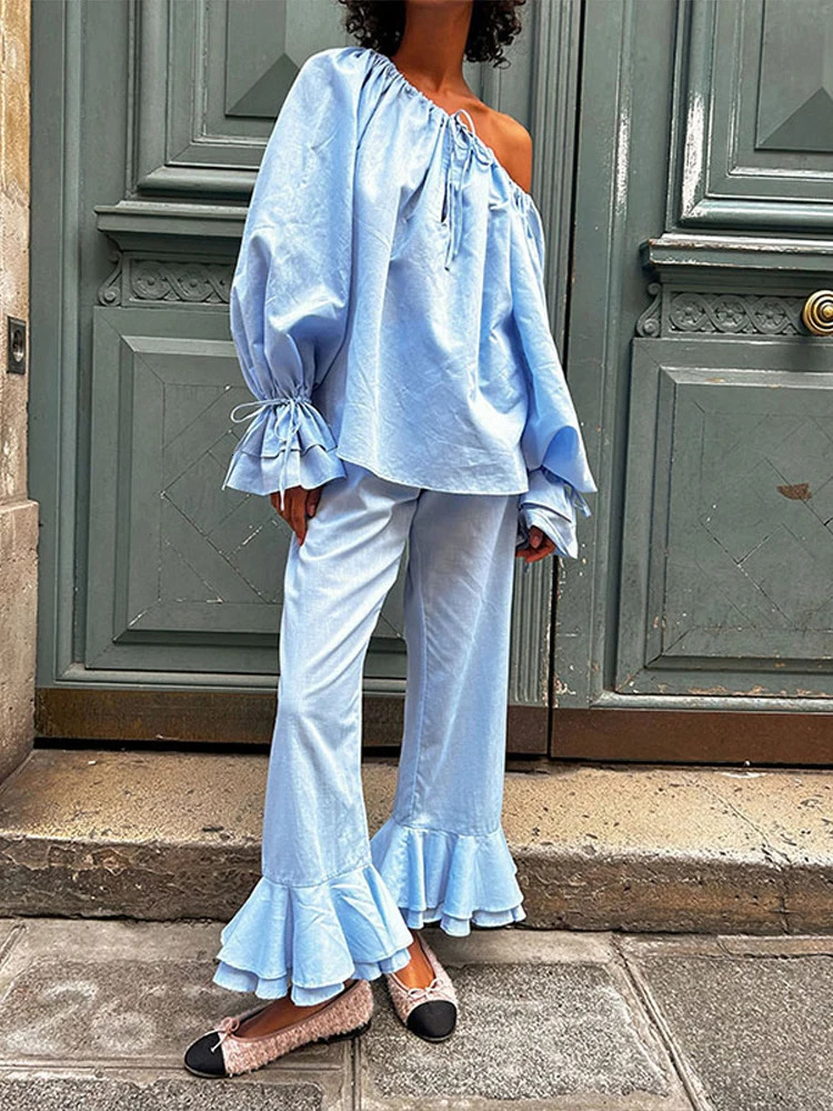 Chic Off Shoulder Shirt Long Pant Set Women Elegant Solid Lace Up Shirts Flared Straight Pants Sets Lady Street Outfits 250801