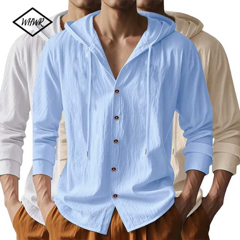 Mens Cotton Linen Long Sleeve Shirt Breathable Summer Spring Casual Button Up Lightweight Hawaiian Beach Top Hoodie T-Shirt New W250806