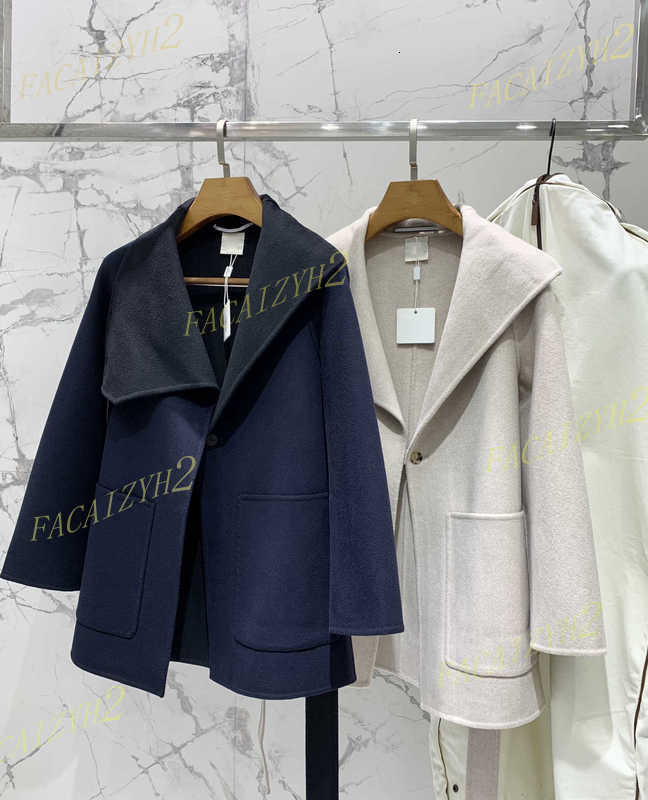 he25 Women's Jackets Designer Autumn/Winter High Quality Big Collar Leather Button Medium Long Coat 100% Cashmere Stand Collar Coat Loose Casua