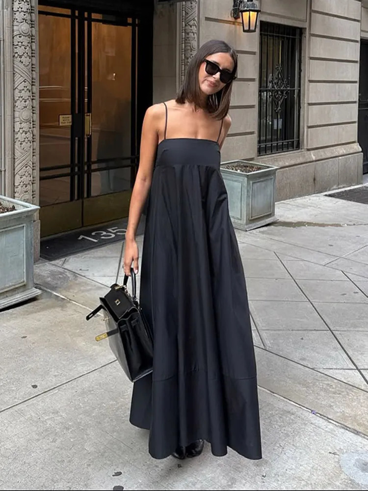 Solid Backless Spaghetti Strap Dress Womens Fashion Loose High Waist A-line Vestidos Summer Lady Holiday Street Robes 250806