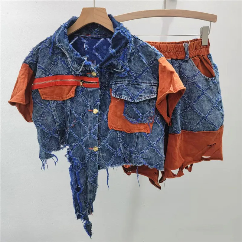 YEAE Spring Item Female Fashion Lapel Long Sleeves Denim Jackets Contrast Color High Elastic Waist Shorts For Women 250801