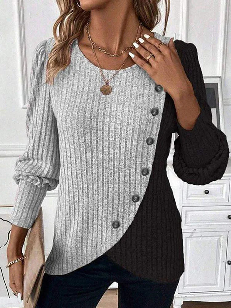 Autumn Long Sleeve Buttons Pit Striped Women Sweaters Contrast Color Long Sleeve O-Neck Pullovers Loose Simple Knitted Clothing250804