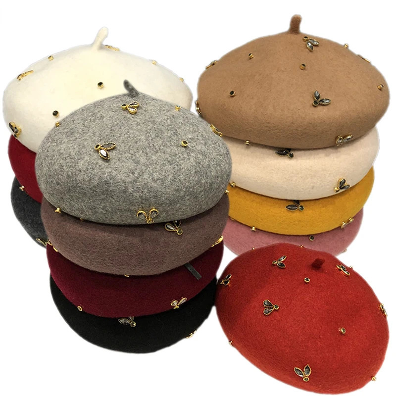 VISROVER winter wool beret with crystal bee female wool cap winter autumn spring hat solid color top quality Women Boina 250806