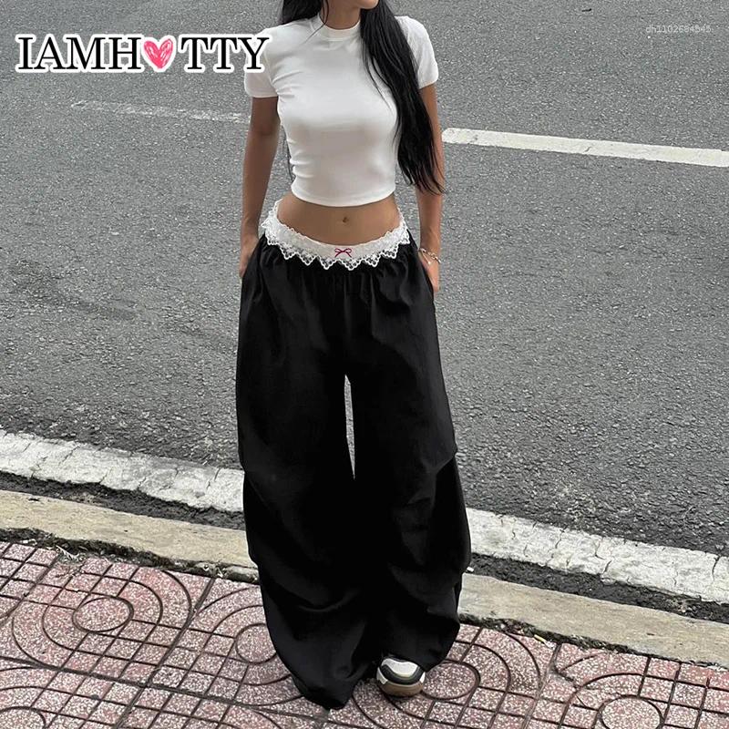 Women's Pants IAMTY Y2K Contrast Waist Lace Patchwork Casual Basic Baggy Sweatpants Jogging Wide Leg Cargo Trousers Retro Streetwear