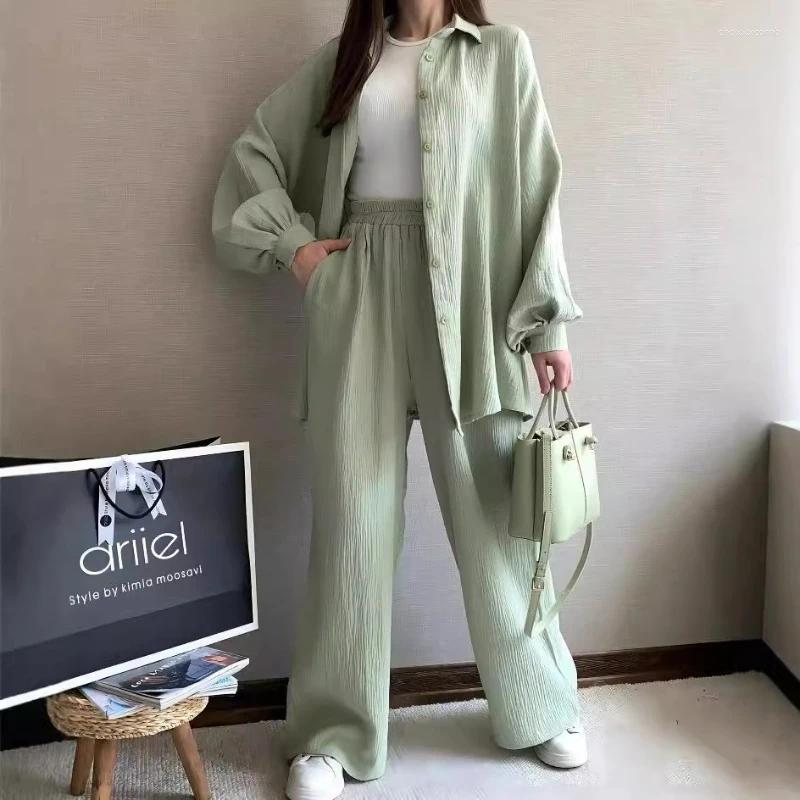 Women's Two Piece Pants Women Set Single Breasted Turn Down Collar Blouses Straight Pant Sets High Street Pockets Loose Button Solid