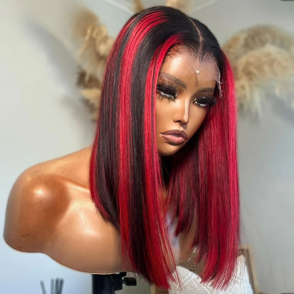 13X4 Highlight Red Short Bob Lace Frontal Human Hair Wigs For Black Women Wear And Go Transparent Lace Front Straight Bob Wig Synthetic