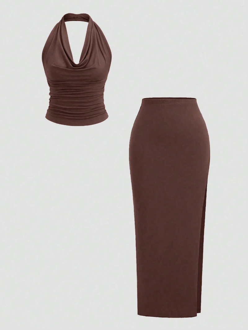Women's Tracksuits Fashionable And Elegant Hanging Neck Top Split Simple Solid Half Skirt Set