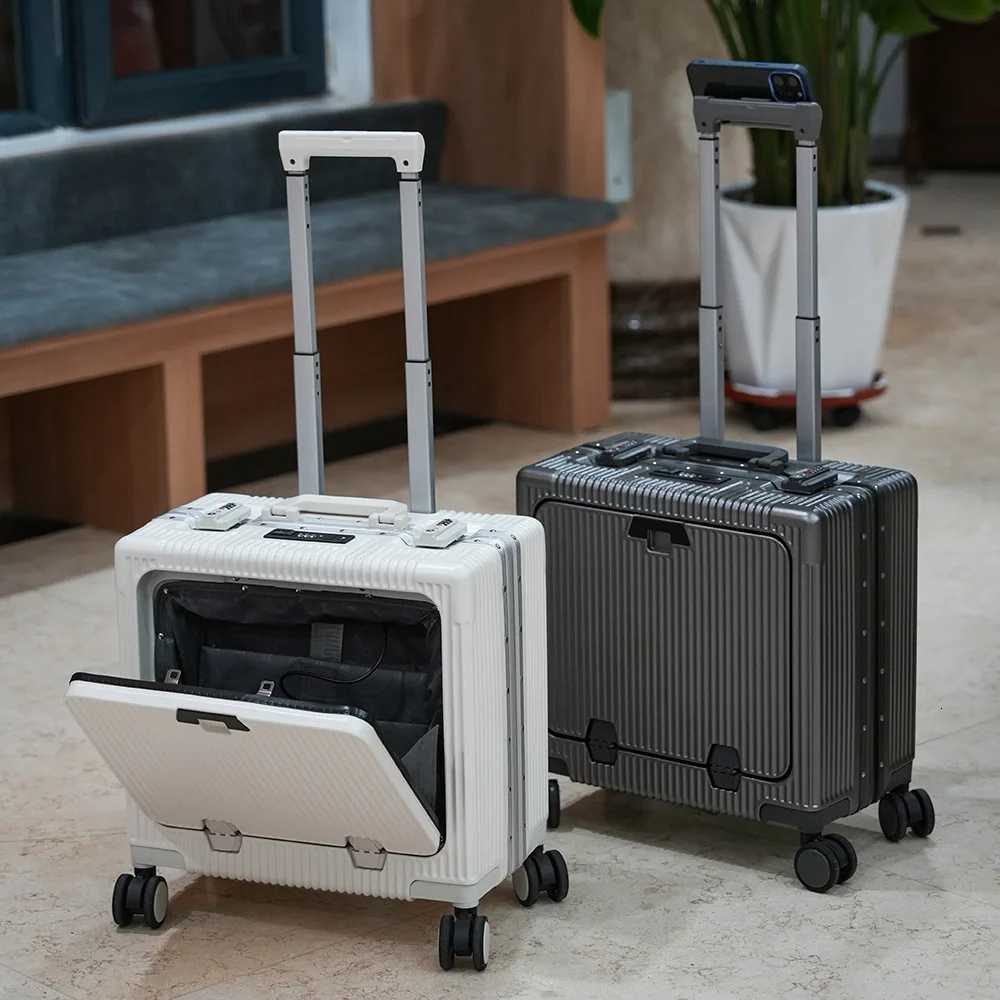 New Front Opening Lid Suitcase Multifunctional Mini Luggage Aluminum Frame 18/20 Boarding Box Trolley Case Cabin Bag W250805-image-1069931665