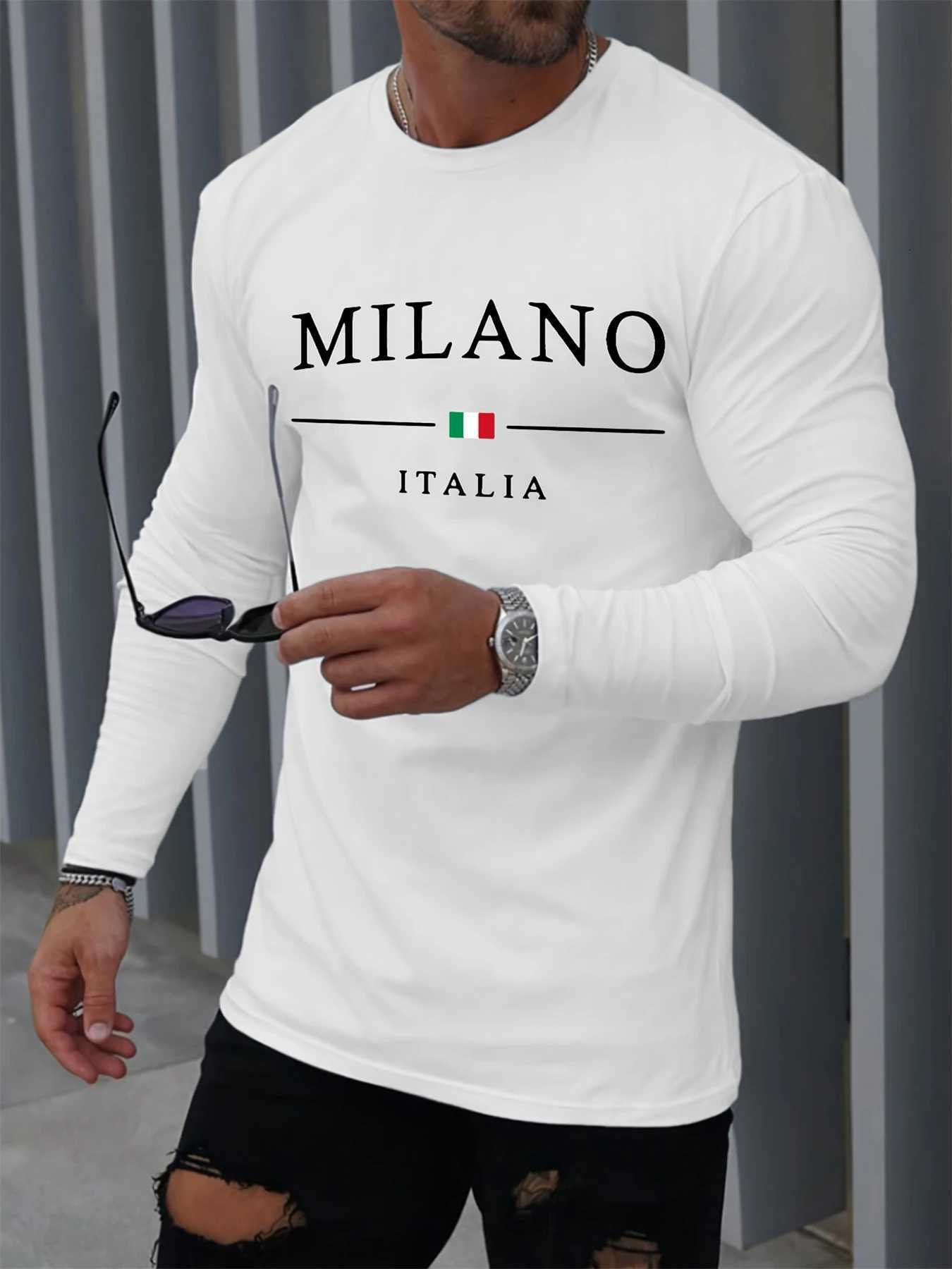 Mens 100% pure cotton comfortable sports casual loose fit plus size MILANO ITALY printed round neck long sleeve T-shirt top W250806