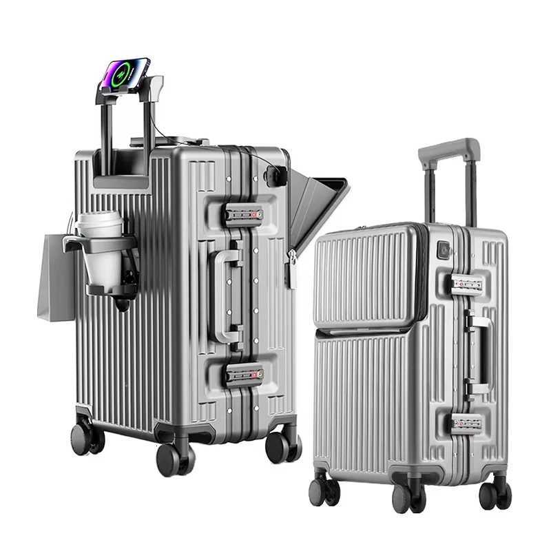 20 Boarding Box Front Opening Suitcase Aluminum Frame 24/27 inch Rolling Luggage with Cup Holder Mobile Phone Holder W250805-image-1069932273