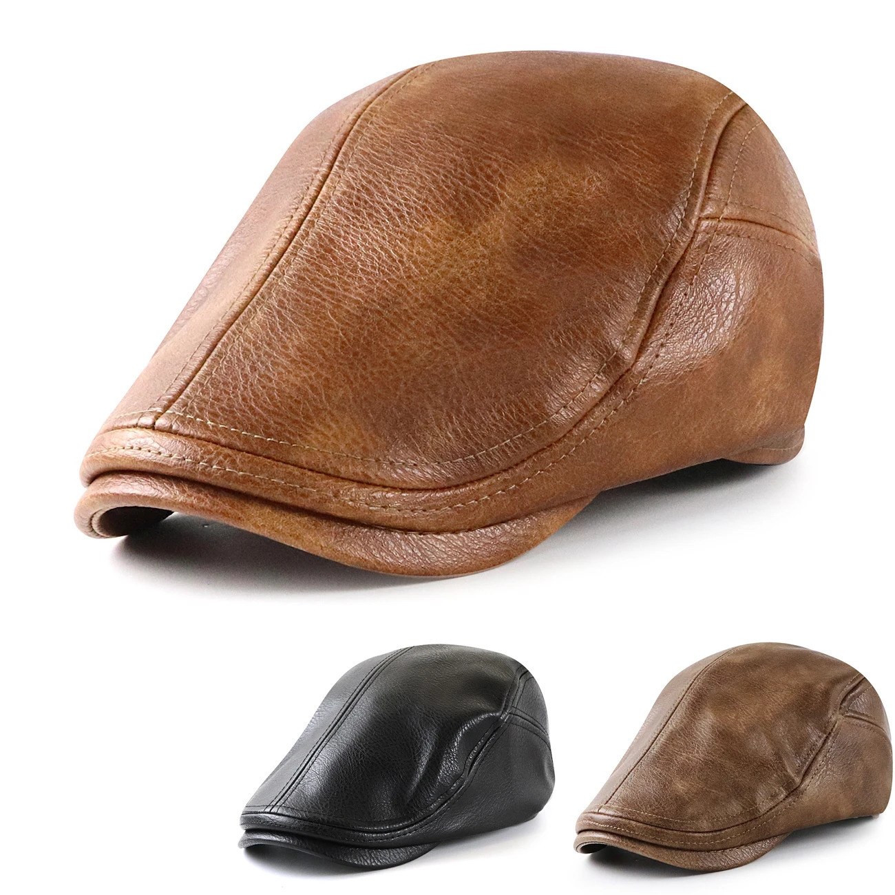 Retro Washed PU Leather Beret Hat Winter Thick Warm sboy Cap The Elderly Duckbill Flat Caps Western Driving Hats for Man 250805