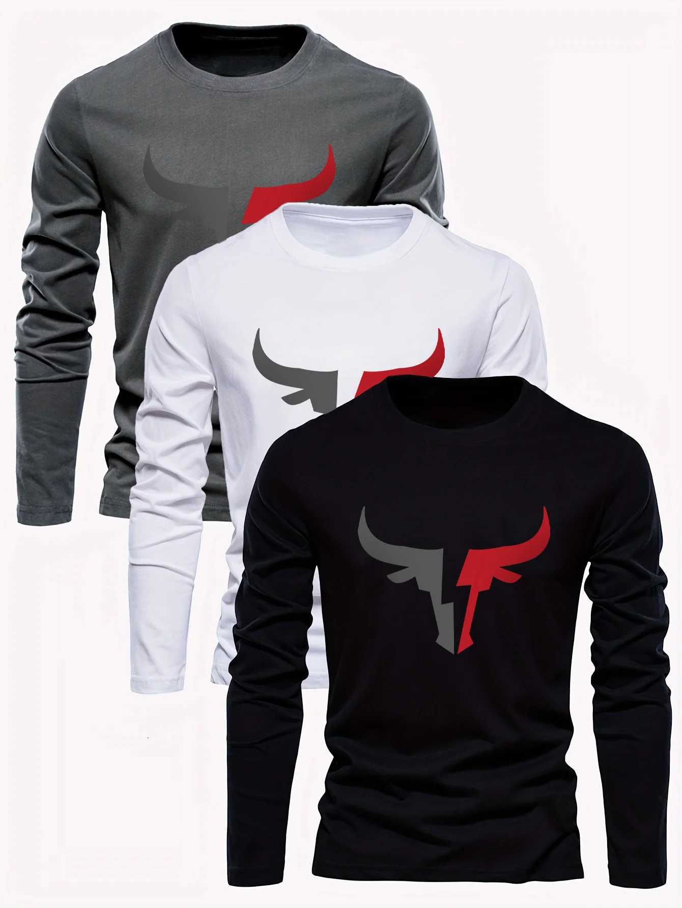 Mens 100% pure cotton loose fit plus size comfortable casual sports bull pattern printed round neck long sleeve T-shirt top W250806