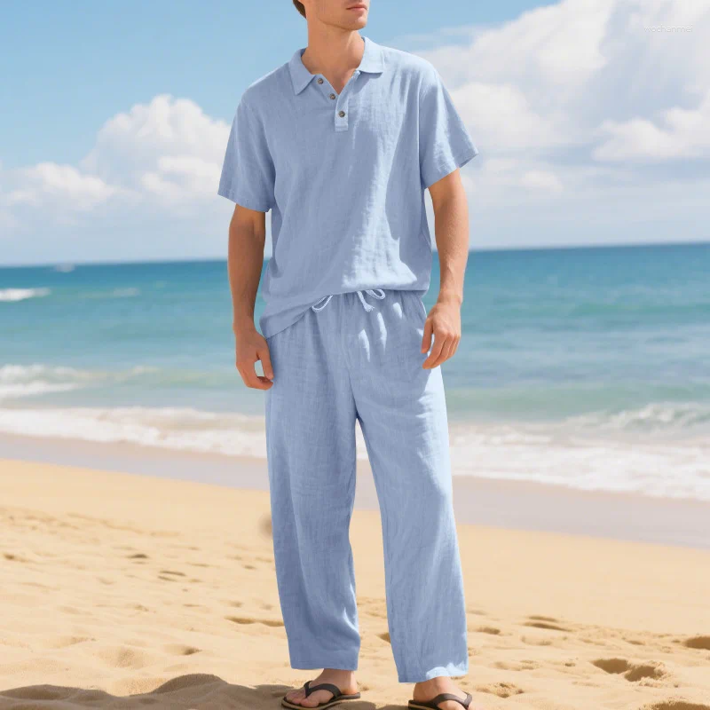 Men's Tracksuits Casual Cotton Linen Two Piece Men Set Fashion Loose V Neck Long Sleeve Tops And Trouser Suits Beach Style Clothing Summer