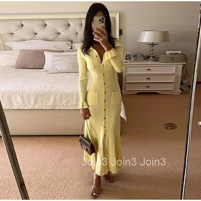 Elegant Knit Ribbed Single Breasted Long Dress Women Slim Lapel Flare Sleeve Pockets Female Dresses Autumn Lady Solid Robes