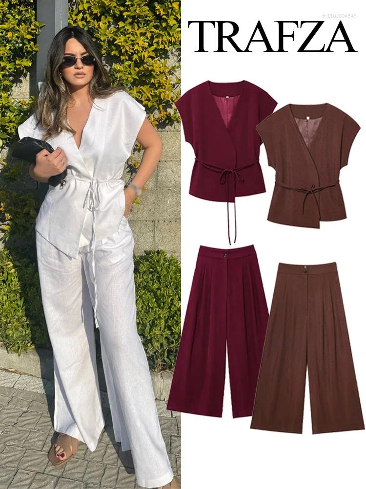 Women's Two Piece Pants TRAFZA Summer Fashion Women Suit V-Neck Sleeveless Bow Lace-Up Decoration Vest Top High Waist Zipper Wide-Leg Female