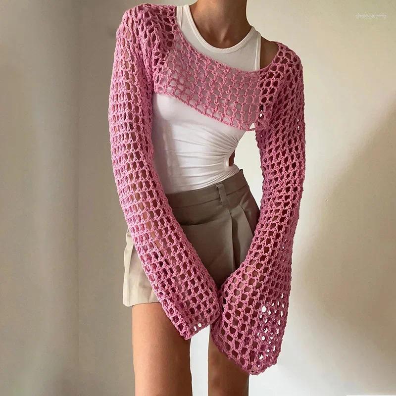 Women's Sweaters Grunge Solid Slash Neck Women Crop Pullovers Y2k Aesthetic Knitted Sexy Streetwear Hollow Out Autumn Tops