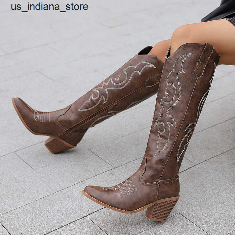 2024 Celebrity Style Western Cowboy Boots Chunky Heel V-Cut Embroidered Riding Boots Plus Size Womens Boots 40-48 L250806