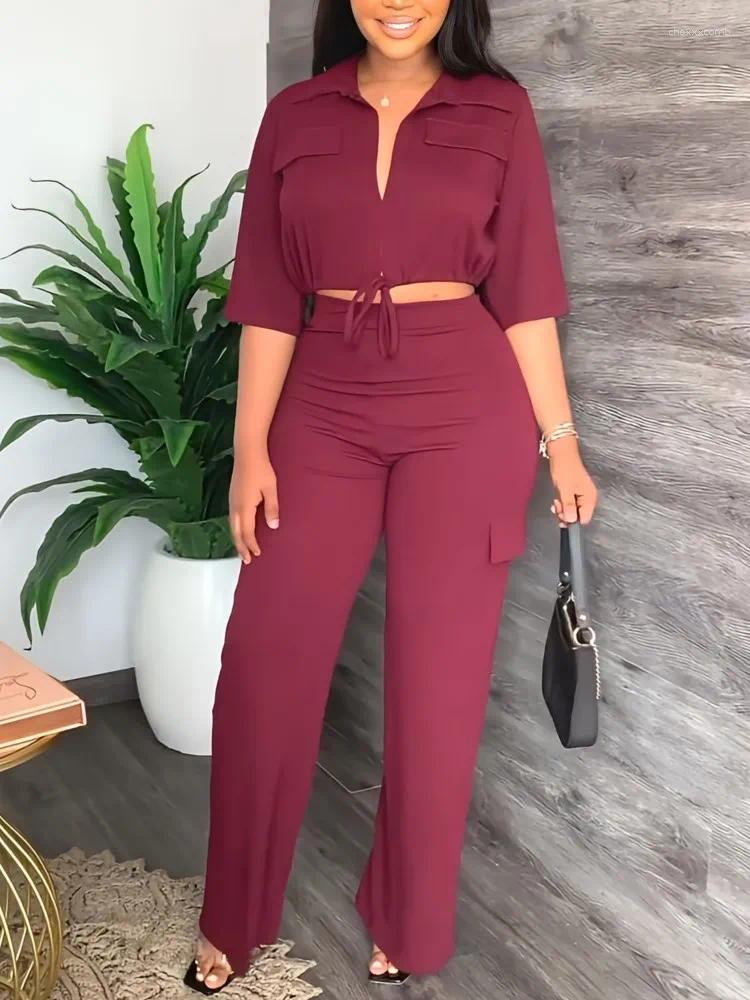 Women's Two Piece Pants Summer Casual Solid Color Trousers Set Drawstring Short Top High-waisted Workwear Straight Two-piece Sets