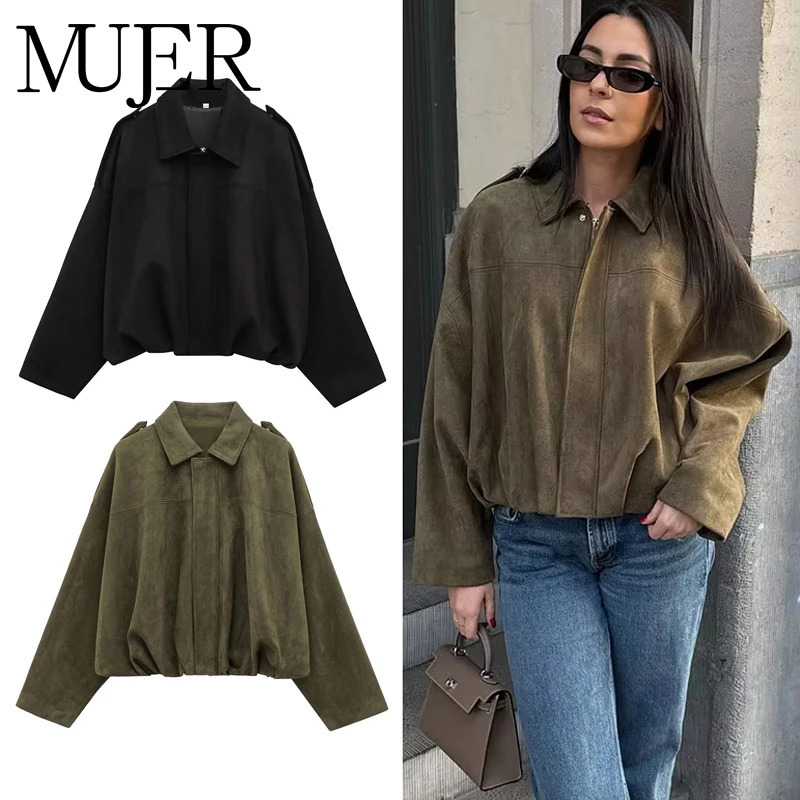 MUJER Zip Bomber Jackets for Women Suede Varsity Jackets Women Coats Oversize Jacket Woman Outerwears Soft Casual Womens Jacket 250801