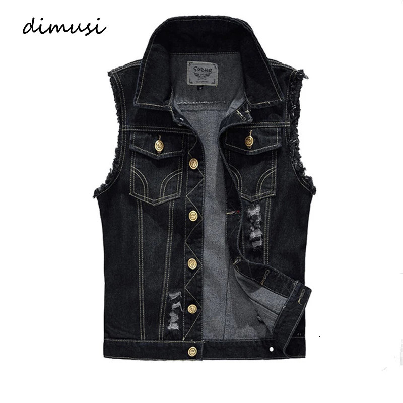DIMUSI Spring Autumn Vintage Mens Denim Vest Male Black Sleeveless Jackets Men Hole Jeans Waistcoat 6XLYA566 250804