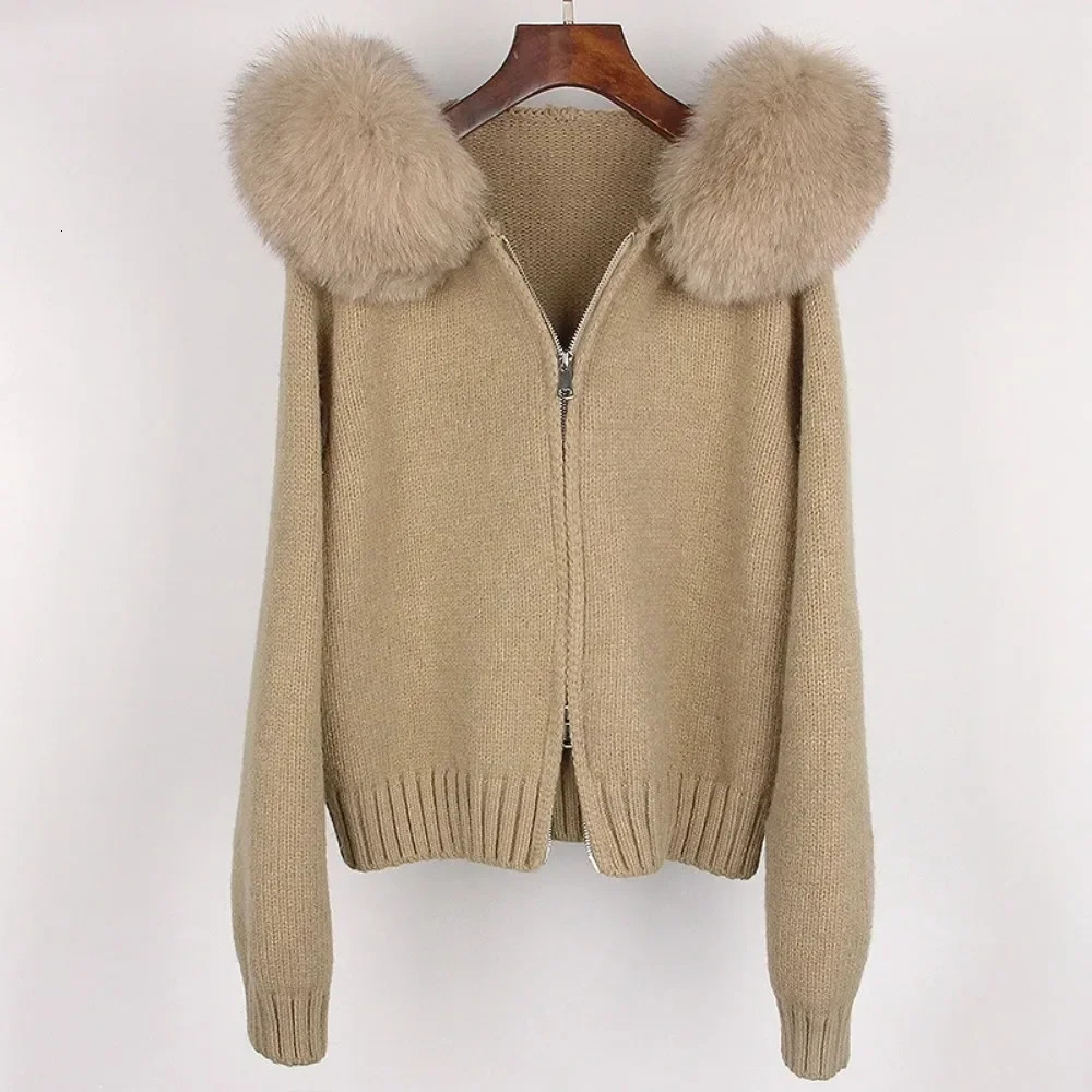 Fashion Autumn Winter Casual Hooded Fox Fur Collar Fashion Short Knitted Jacket with Natural Fur Coat for Women 250801
