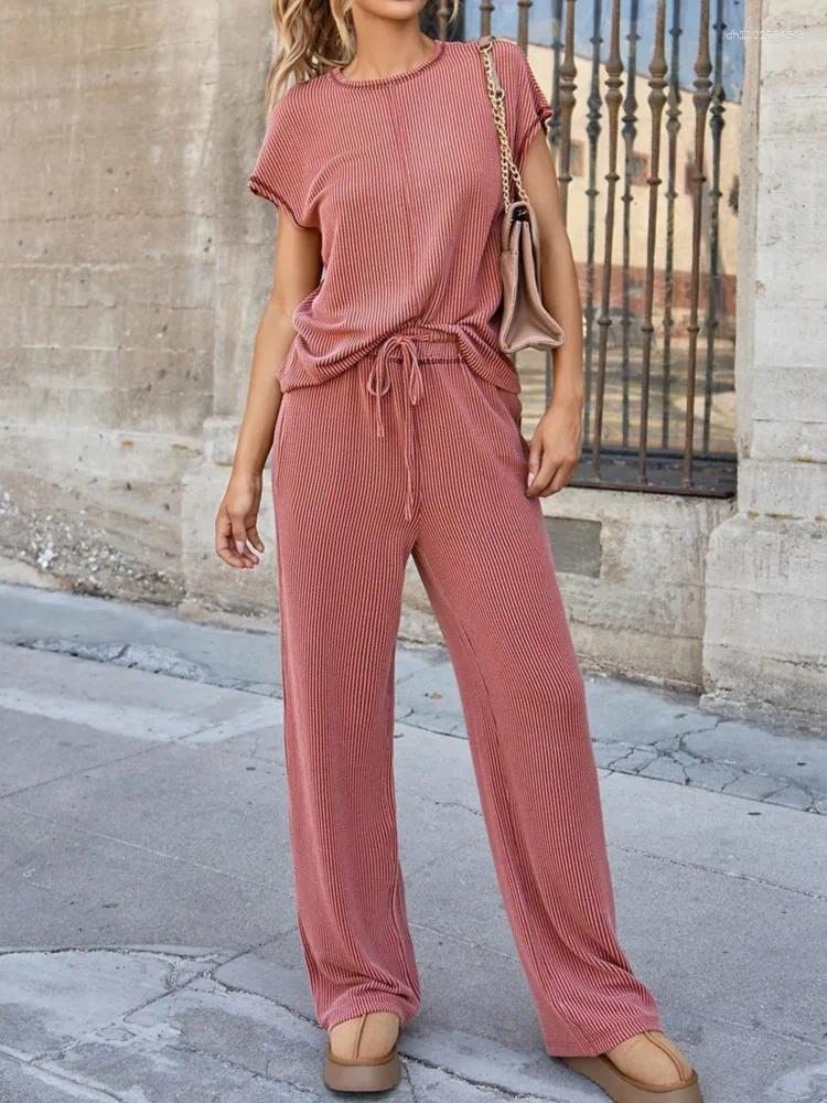 Women's Two Piece Pants Women Casual Tracksuit Basic Sets Summer Fashion Solid Tee Shirt Top Wide Leg Pant Set Spring Sporty Stylish