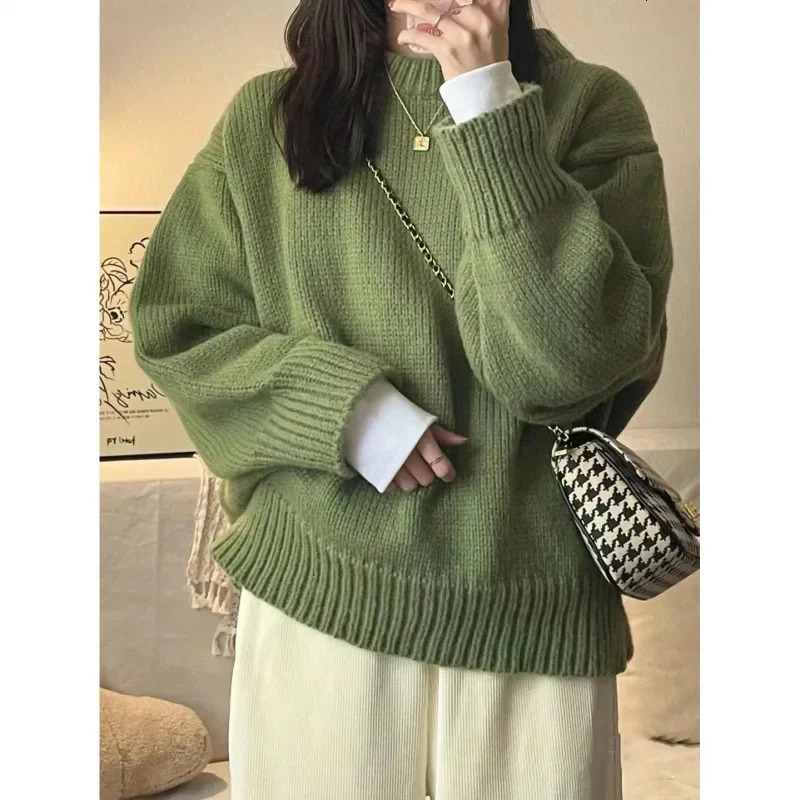 Japanese Vintage Green Round Neck Pullover Sweater Womens Loose Fit Casual Style Thickened Autumn Winter Outerwear Knit Top250804