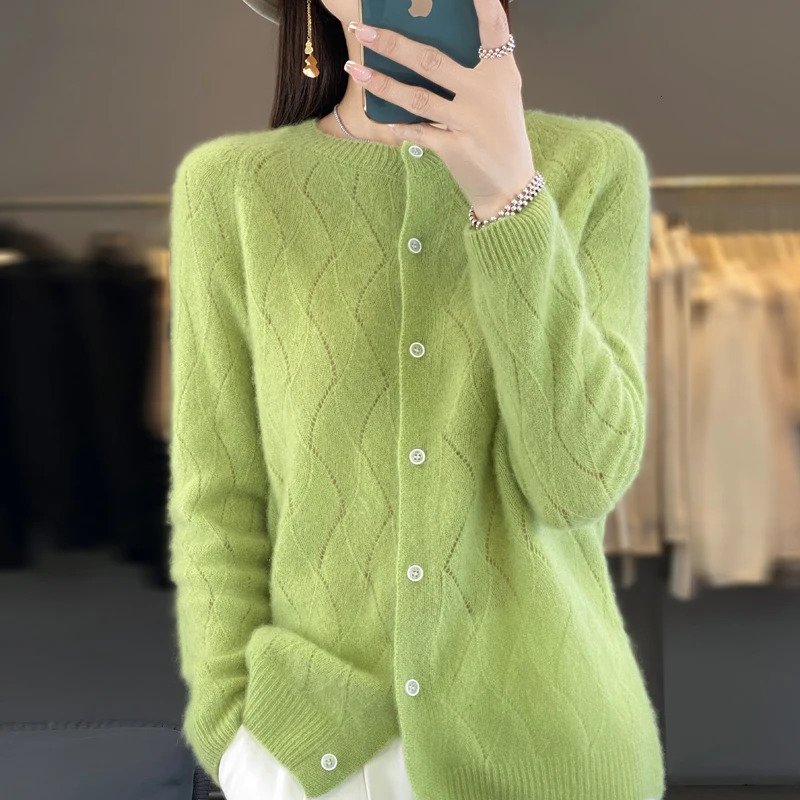 100% Pure Wool Sweater Womens Round Neck Cardigan Wave Hollow Cashmere Sweater Jacket Thin Knit Sweater Loose Versatile Sweater 250801