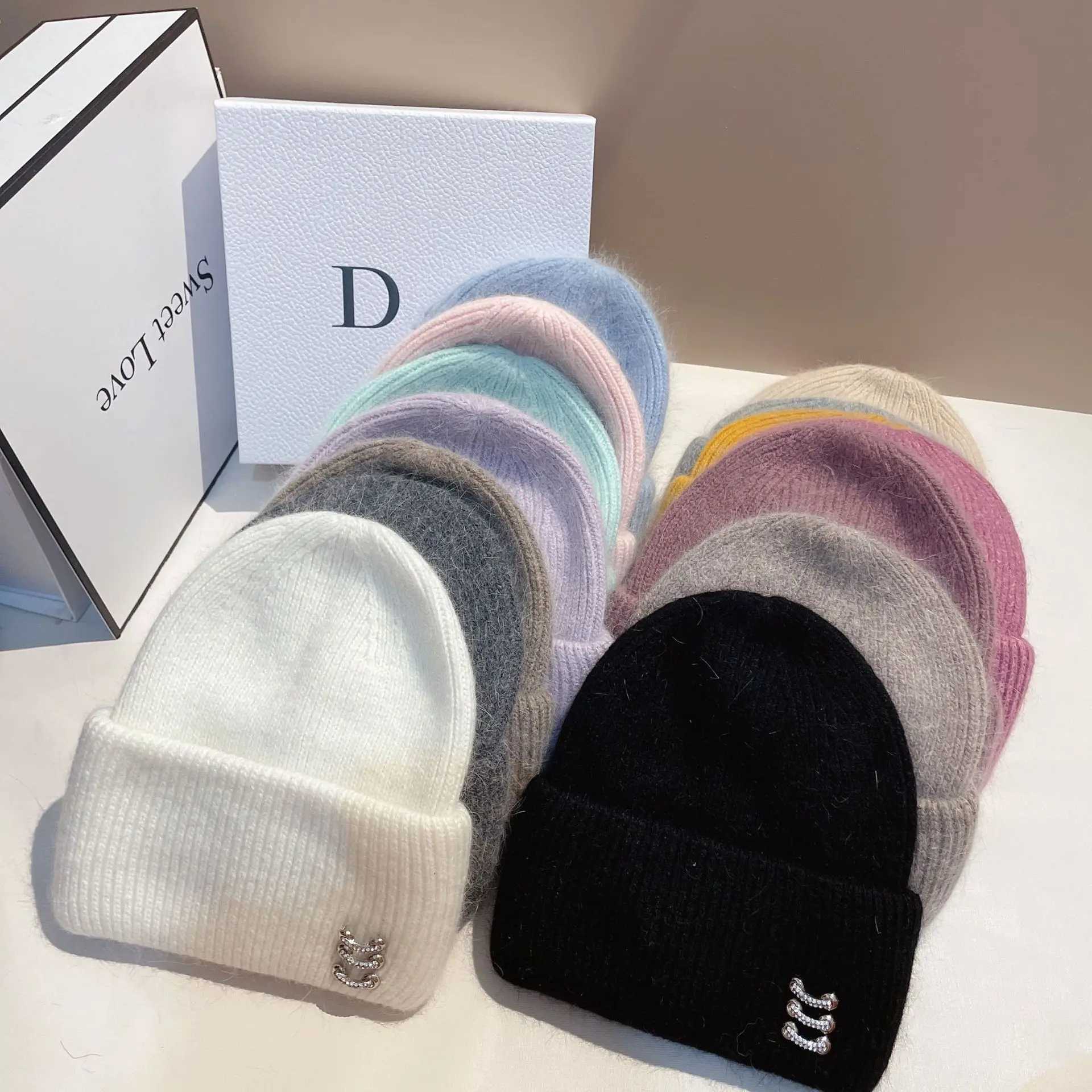 Casual Womens Hats Cashmere Wool Knitted Hat Autumn Winter Brand Rabbit Fur Female Skullies Beanies Ladies Outdoor Ski Caps L250806
