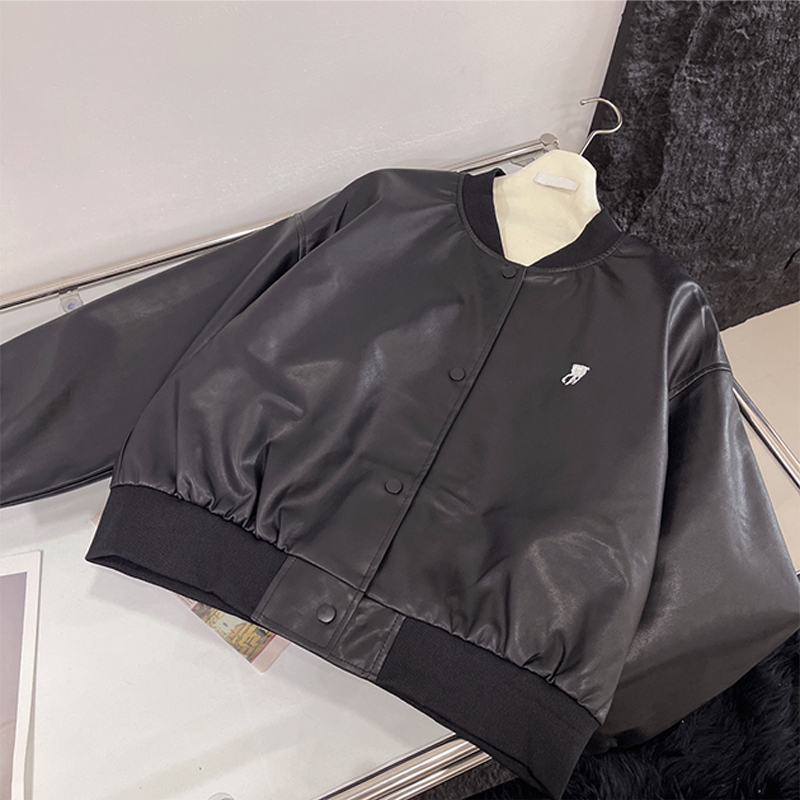 Autumn/Winter Coat Designer Women's Short Round Neck Button Horn Sleeve Loose Fashion Leather Jacket Pink Brown Black Grey White S-L