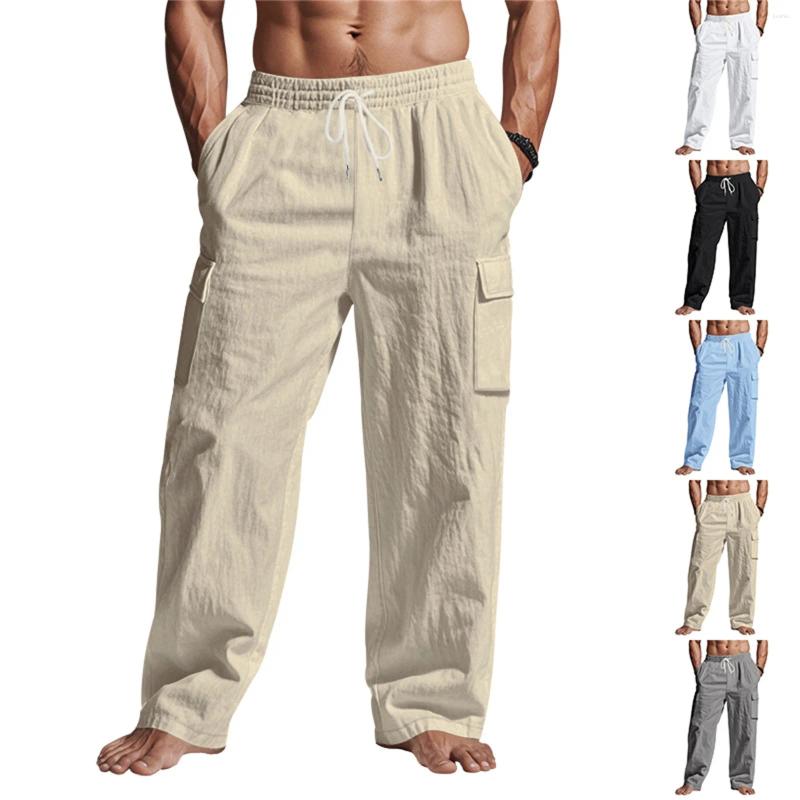Men's Pants Fashion Men Linen Cargo Multi-Pocket Spring Summer Thin Breathable Outdoor Casual Sports Drawstring Long Trousers