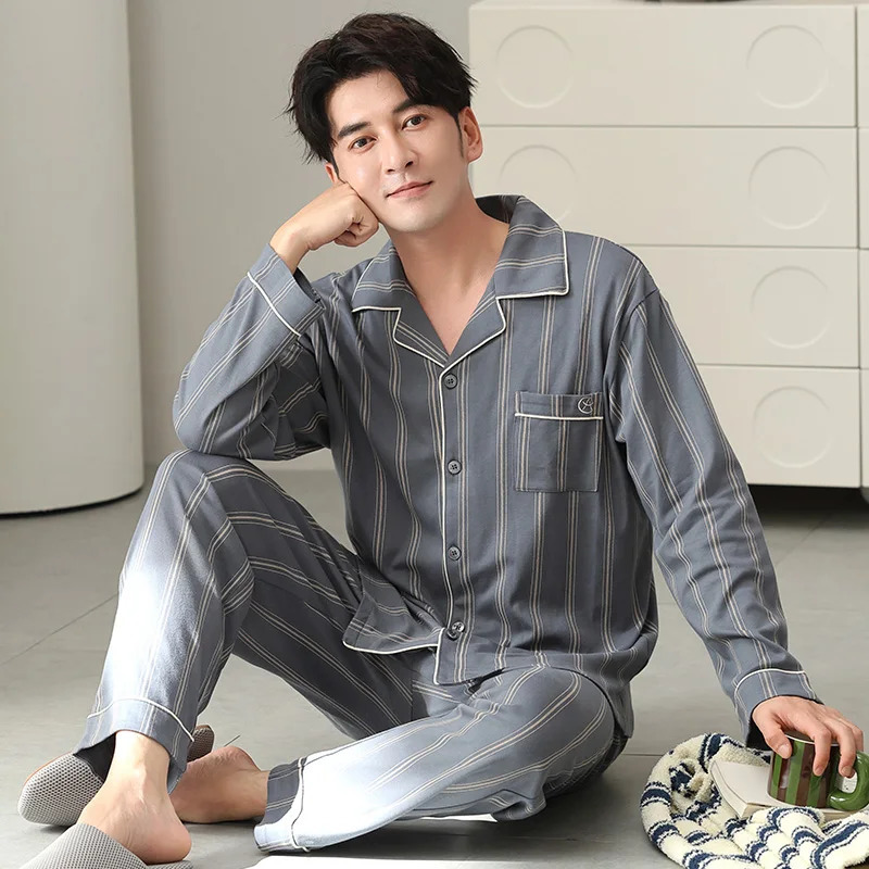 Plus Size M-4XL Men Pajamas Set 100% Cotton Turn-down Collar Sleepwear Male Autumn Striped Pyjamas 250804