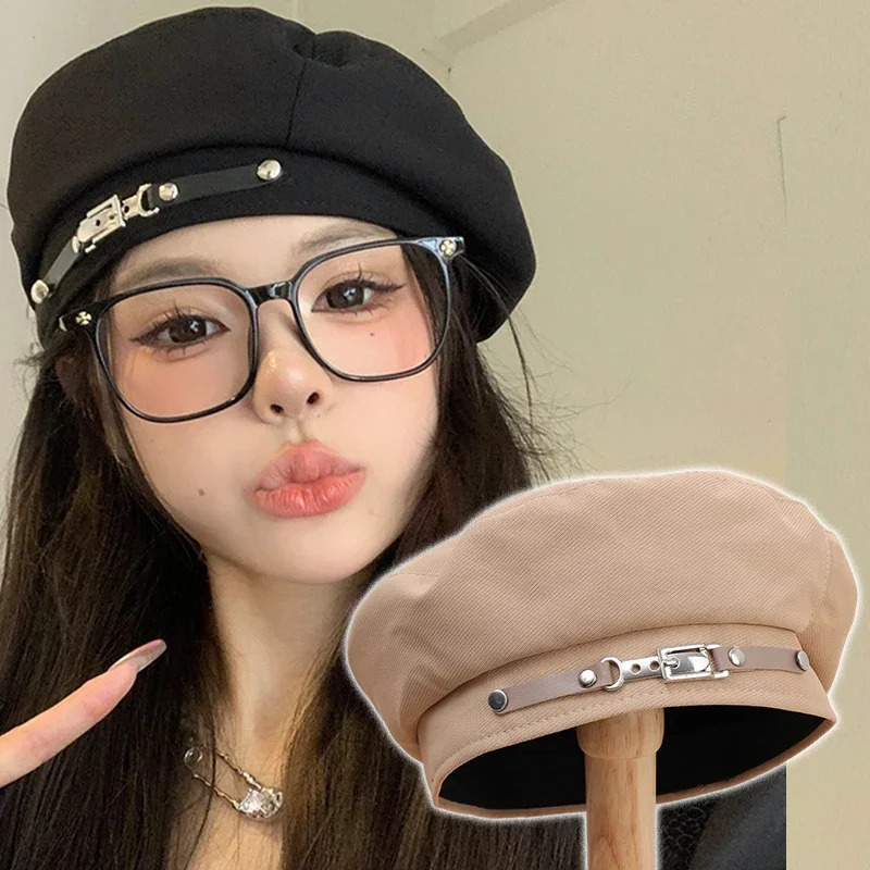Retro Spring Summer Metal Buckle Berets Korean Style Caps For Women Trendy Versatile Hat Elegant Solid Beret Hat Accessories 250806
