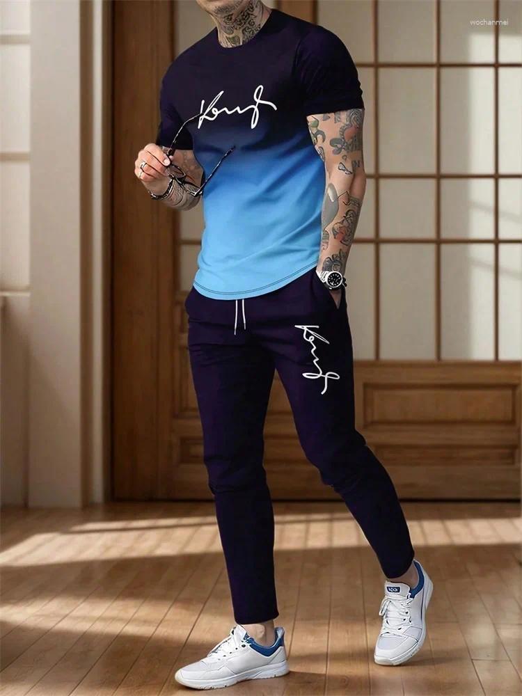 Men's Tracksuits Simple And Fashionable Autumn Thin Short-sleeved Top Casual Long Pants Daily Loose 2pcs