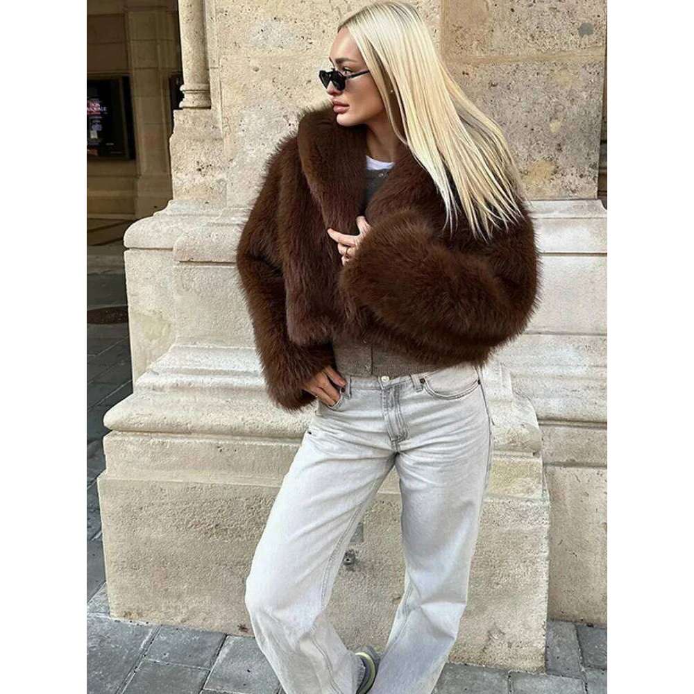 Women's Retro Warm Faux Fur Jacket Thicken Lapel Long Sleeve Hidden Button Casual Loose Soft Crop Outwear Winter Chic Coat