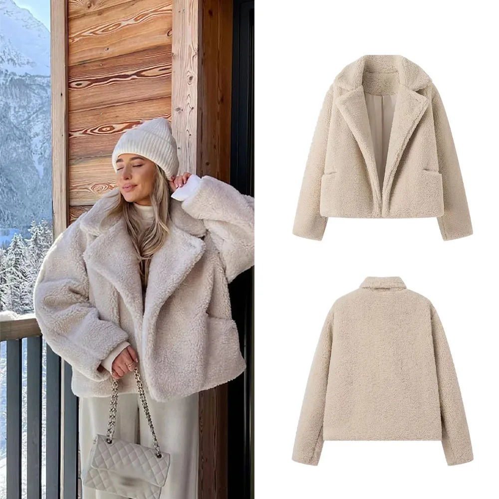 Leisure lamb fur lapel jacket for womens solid color long sleeved pocket loose fitting womens for autumn and winter 250804