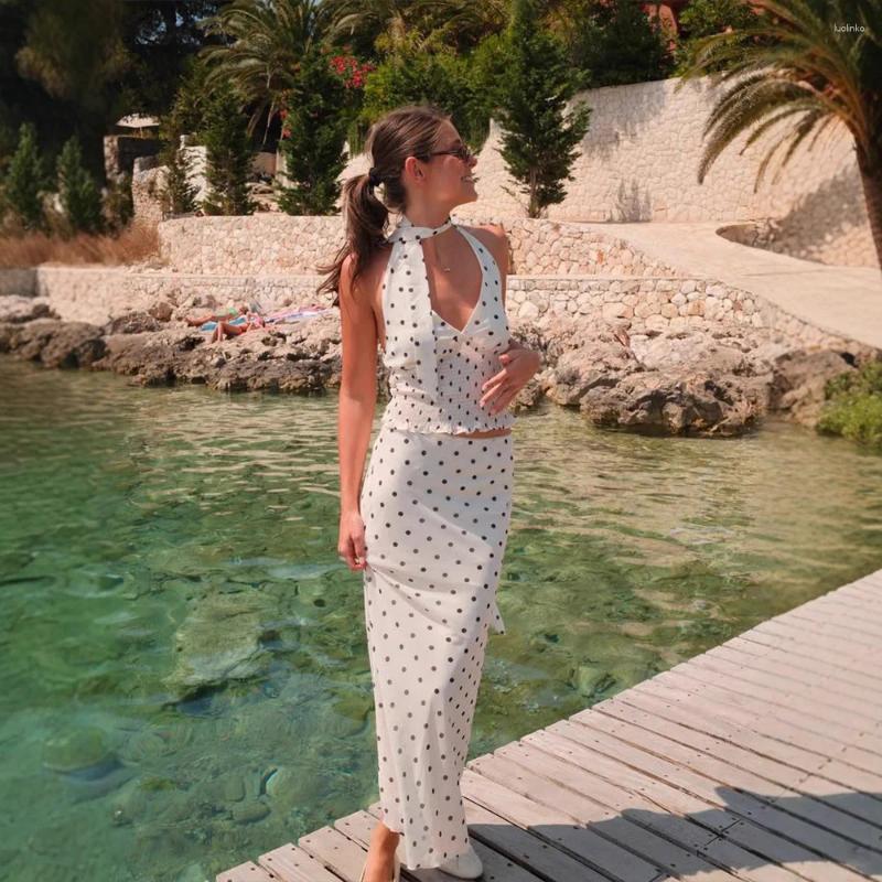 Two Piece Dress Vintage Polka Dot Sets Fashion V Neck Lace-up Top Printed Slim Skirt Set Casual Women Summer Vacation
