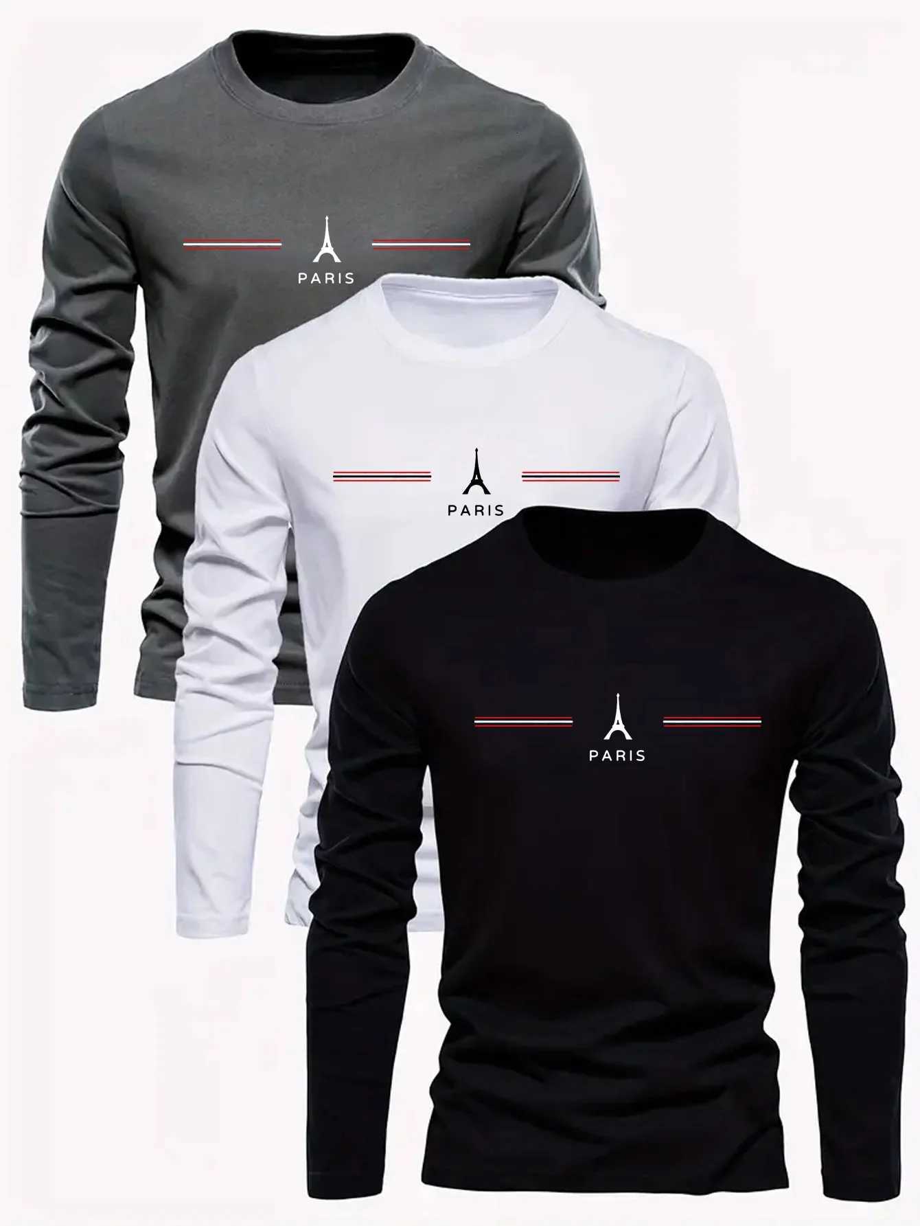 Mens 100% pure cotton loose fit plus size comfortable casual sports Paris letter printed round neck long sleeve T-shirt top W250806