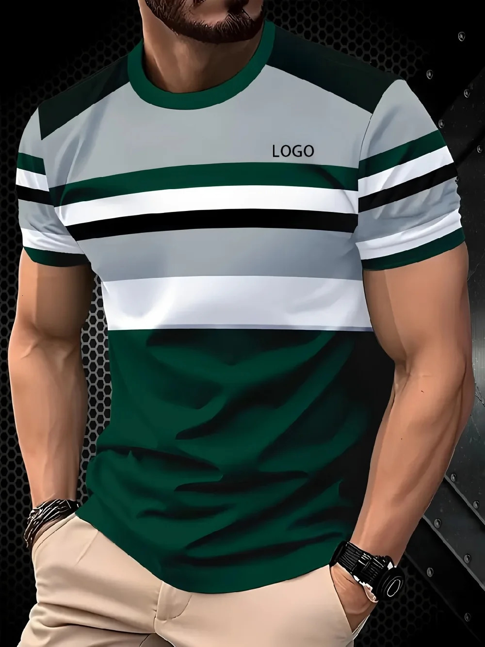 streetwear mens short sleeved tees 3D printed striped color blocked graphic Tshirt loose and breathable round neck top for men 250729