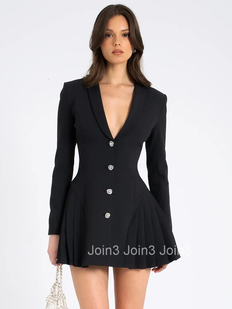 Fantoye Deep V-neck Single Breasted Pleated Women Blazer Mini Dress Long Sleeve A-line Dress Autumn New Elegant Official Clothes