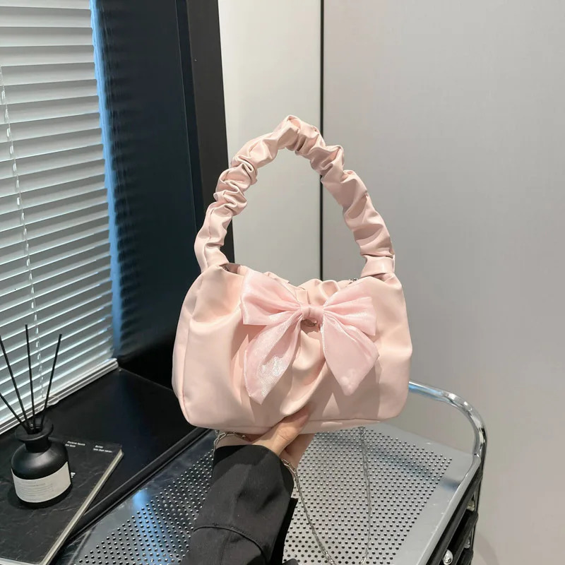 Sweet Bow Pleated Women Shoulder Bags Solid Color Ladies Pu Leather Handbags Simple Elegant Girls Crossbody Bag Clutch 250801