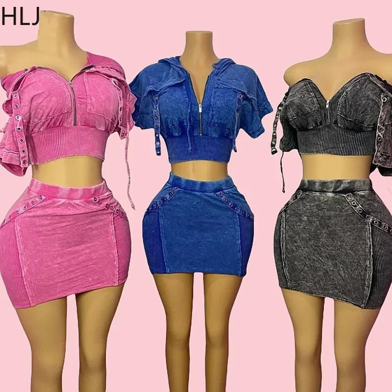 HLJ GG Fashion Pocket Cargo Hooded Two Piece Sets Women Zip Slim Crop Top And Mini Skirts Outfits Female Washed 2pcs Streetwear 250801