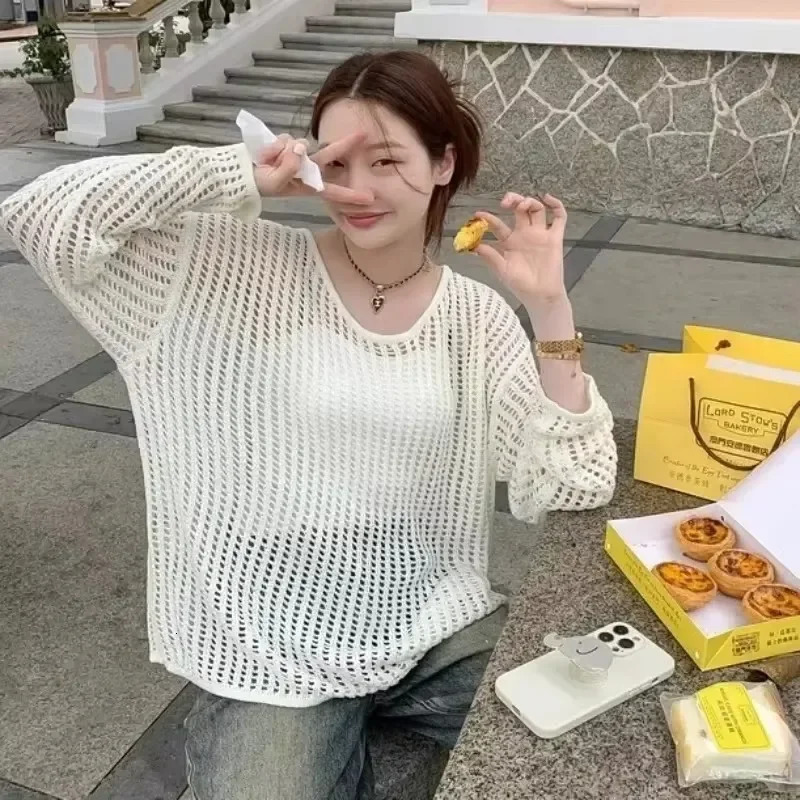Female Personality Loose Casual Solid Pullovers Women Breathable Hollow Out Lazy Style Japanese Version Sweater Summer 250801