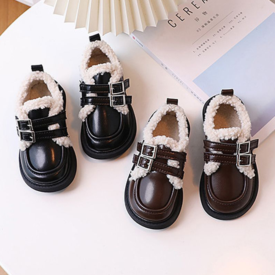 British Style Children Leather Shoes for Girls Winter Thick Soled Lamb Wool Umshop Warm Boys Uniform School Cotton Shoes Plush PU Sizes 23-36 U0081