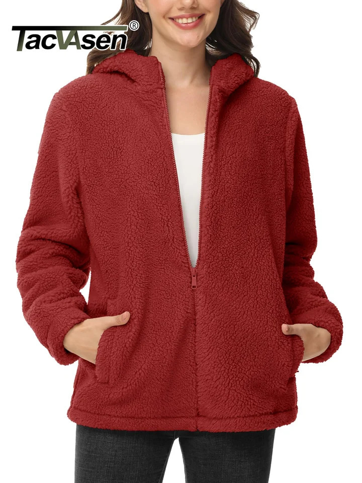 TACVASEN Causal Hooded Female Coats Womens Fleece Jackets Soft Heavy Fuzzy Sherpa Hoodies Outwear Warm Fluffy Overcoat Tops 250801