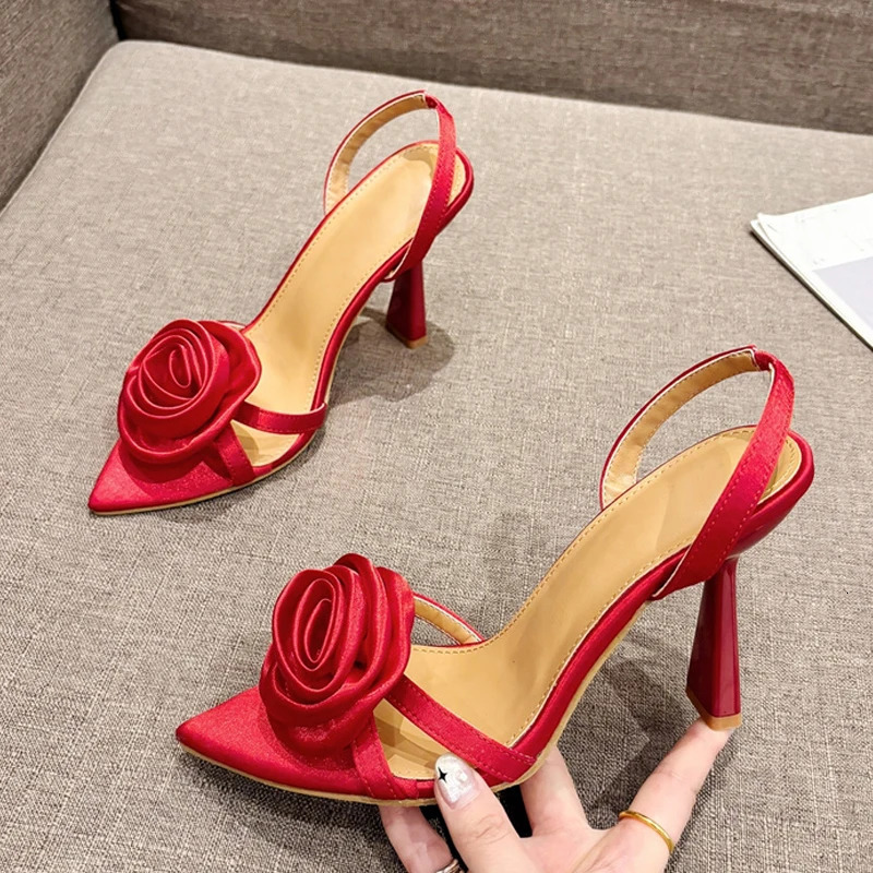Liyke Summer Fashion Silk Rose Flowers Pointed Open Toe Back Strap Sandals Women Red High Heels Wedding Prom Shoes Zapatos Mujer 250804