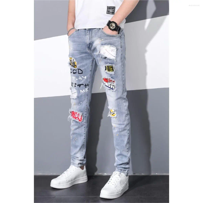 Men's Jeans Autumn Designer Many Ripped Holes Patches Luxury Clothing Korean Slim-fit Beggar Trousers Trendy Brand Elastic Men
